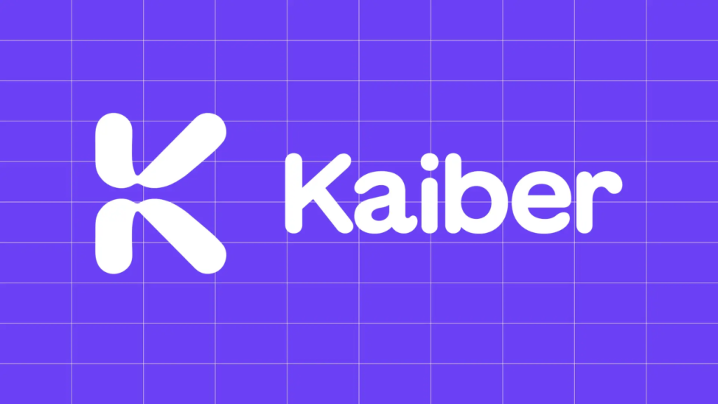 Una cuadrícula morada con texto blanco con el logo de Kaiber AI.